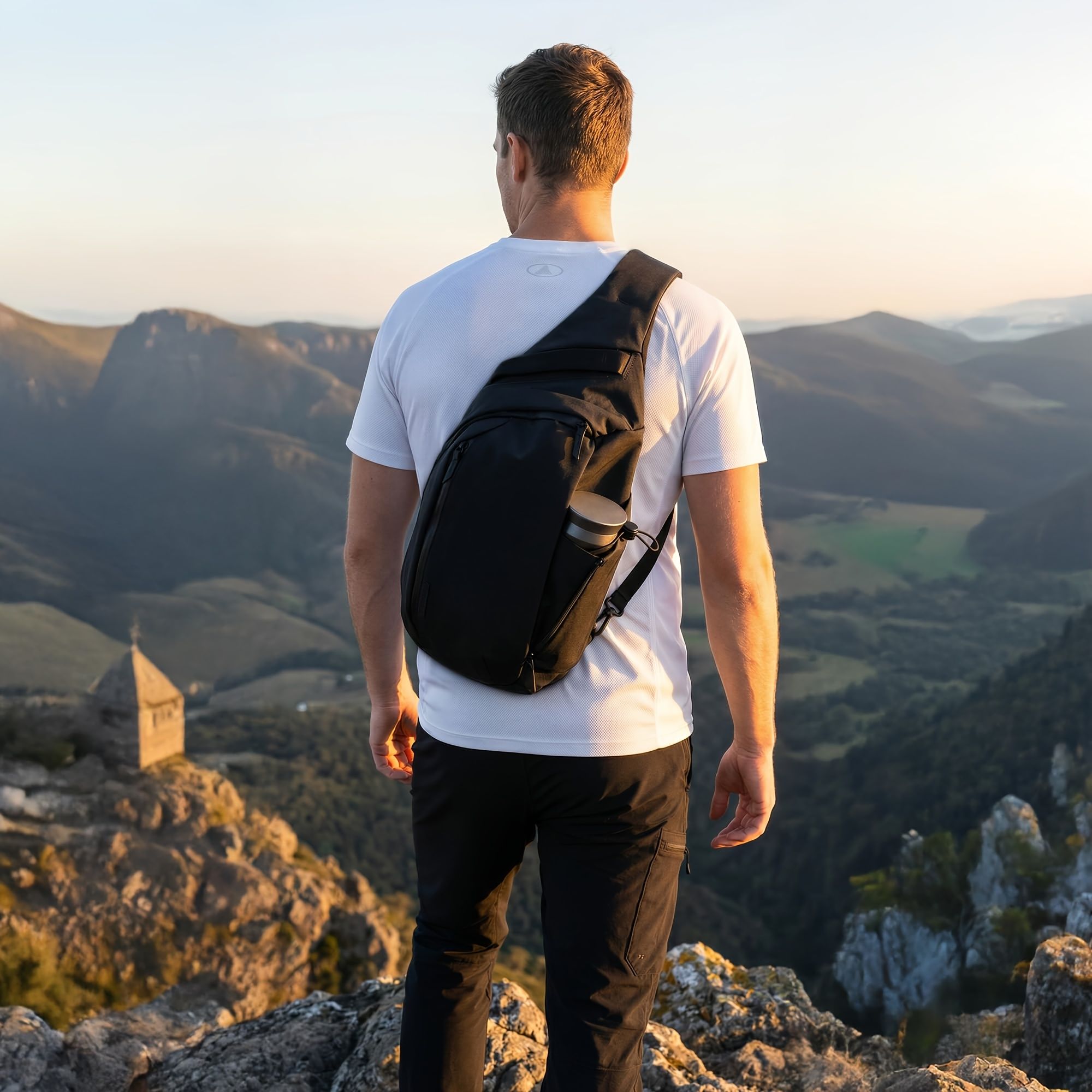 Black Blue sling backpack view 6
