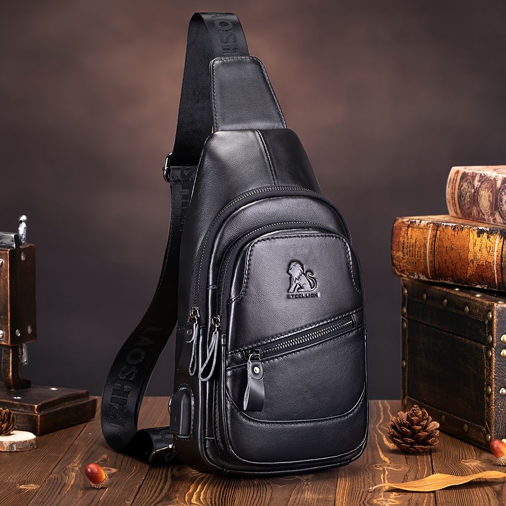 Black Brown Leather Sling Backpack Top-Grain Cowhide Travel Backpack Organized view 3