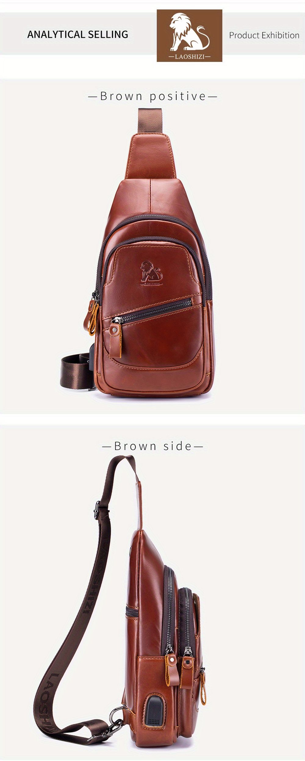 Black Brown Leather Sling Backpack Top-Grain Cowhide Travel Backpack Organized view 9