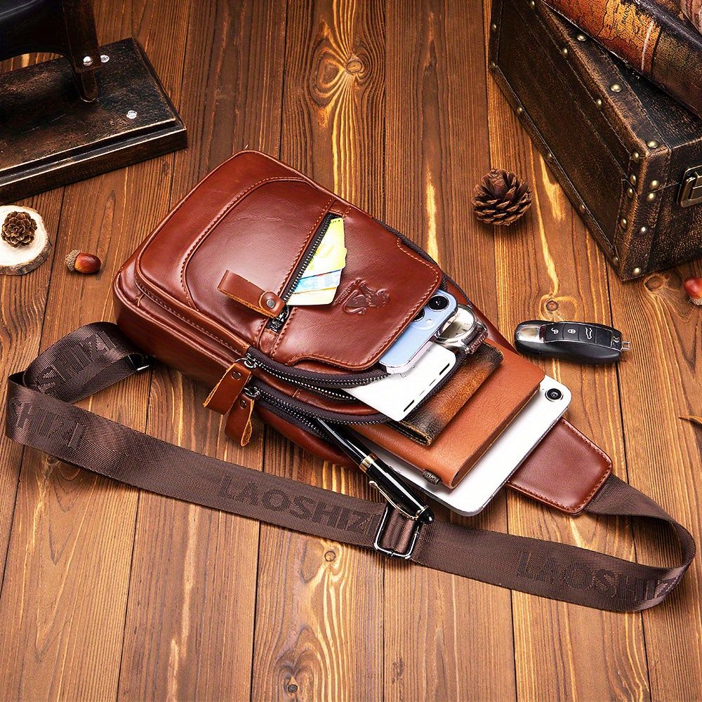 Black Brown Leather Sling Backpack Top-Grain Cowhide Travel Backpack Organized view 14