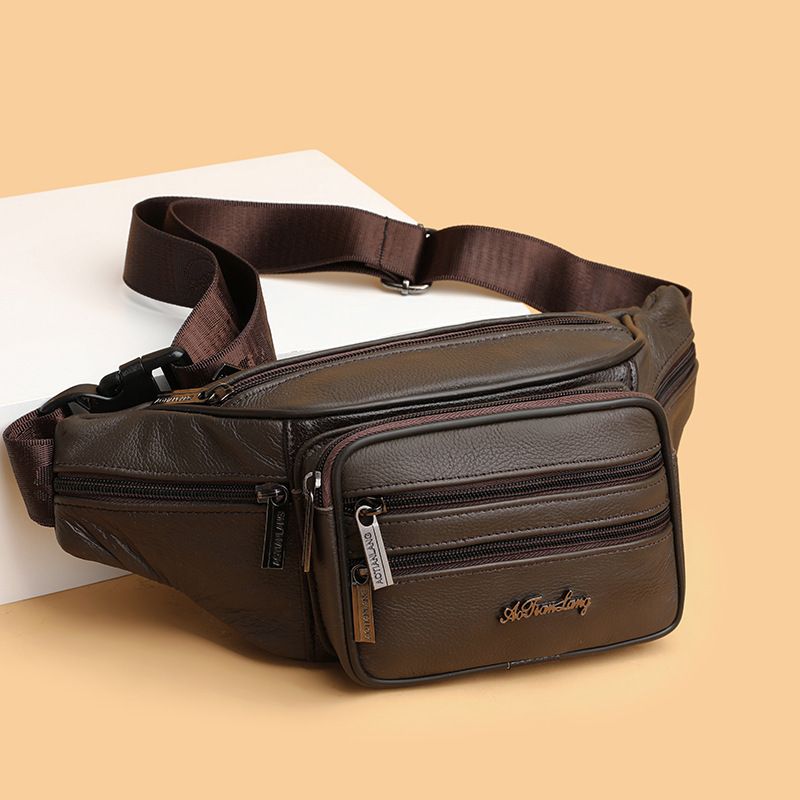 Brown Gray Leather Fanny Pack Travel Waist Bag Unisex Belt Bag Premium Leather