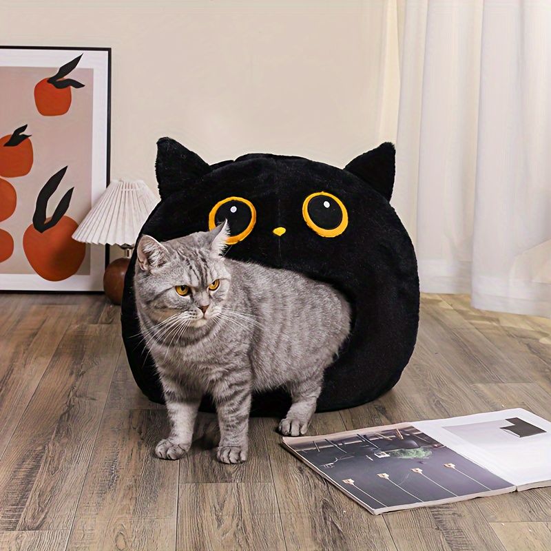 Black White cat bed, cat-shaped bed, cat furniture, cat hideaway, pet comfort view 3