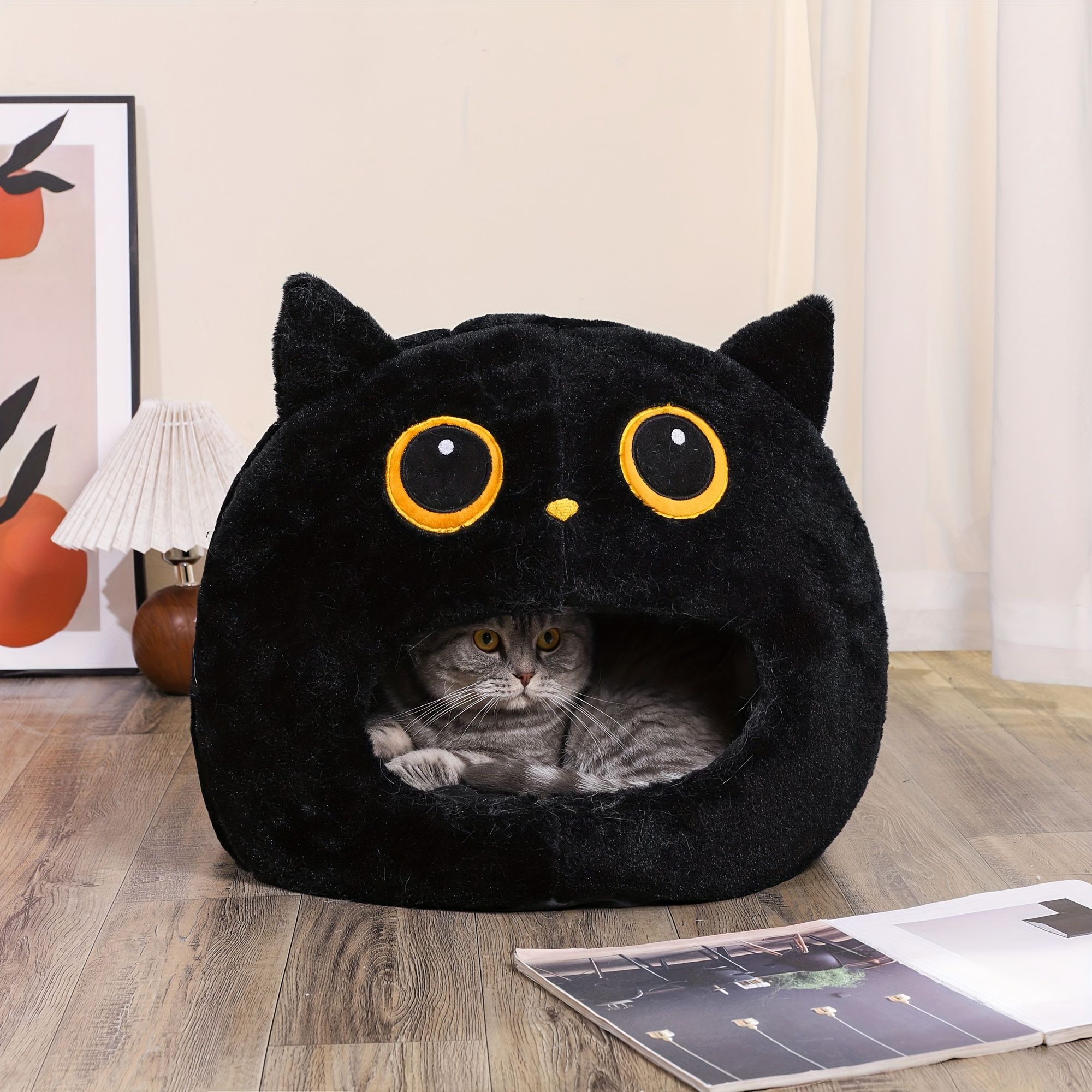 Black White cat bed, cat-shaped bed, cat furniture, cat hideaway, pet comfort view 5