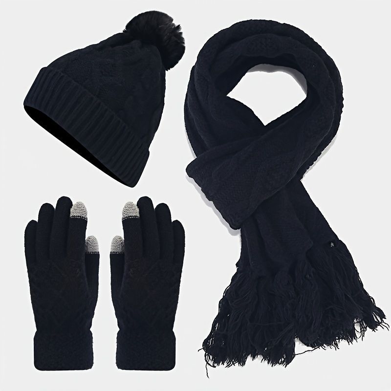 Women'S Winter Accessories Woolen 3 Piece Set Knitted Hat Scarf Touch Screen