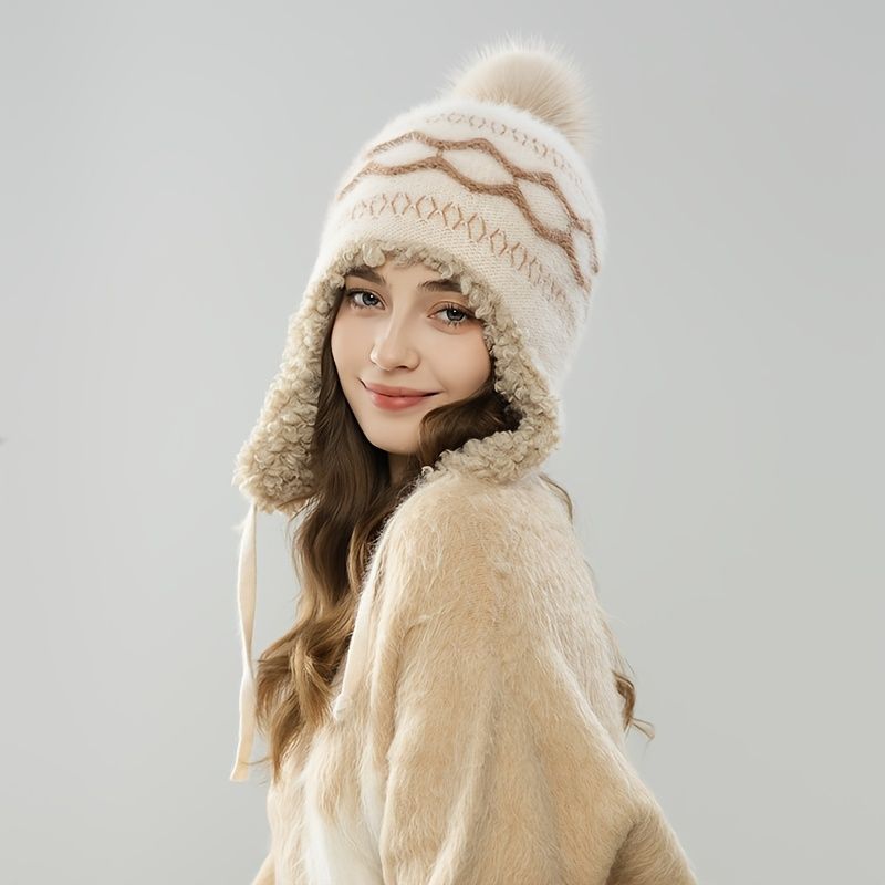 Women'S Knitted Hat Furry Ear-Flap Hat Pom-Pom Hat Winter Accessory Women'S view 2