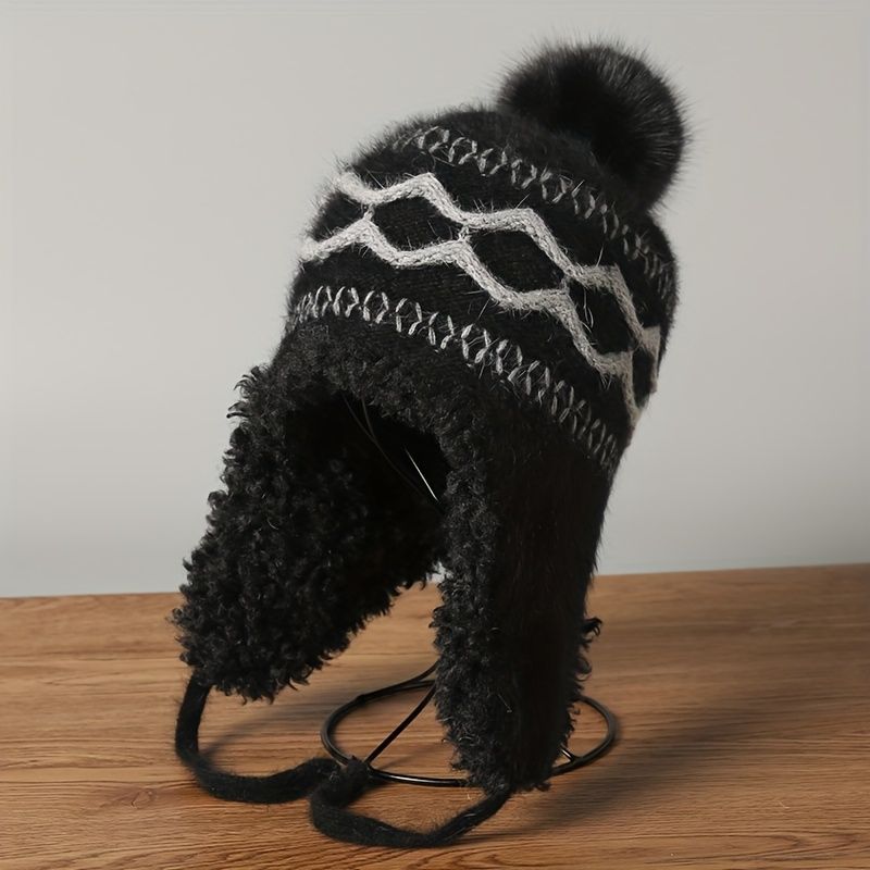 Women'S Knitted Hat Furry Ear-Flap Hat Pom-Pom Hat Winter Accessory Women'S view 3
