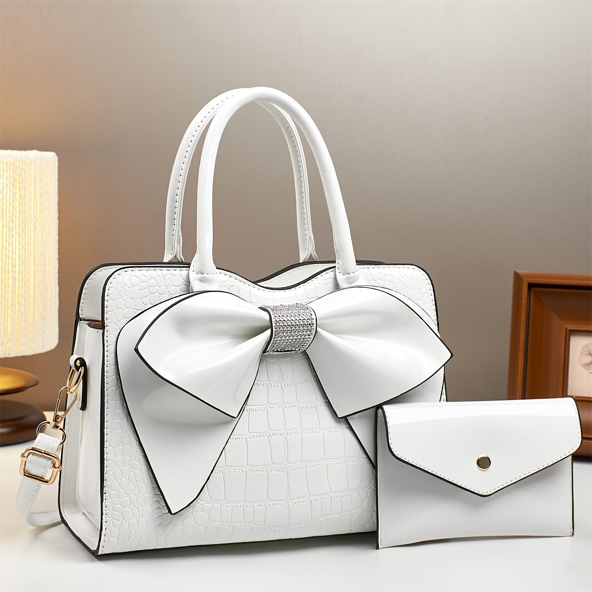 White Ladies Handbag Bow Embellished Handbag Handbag With Small Purse view 2