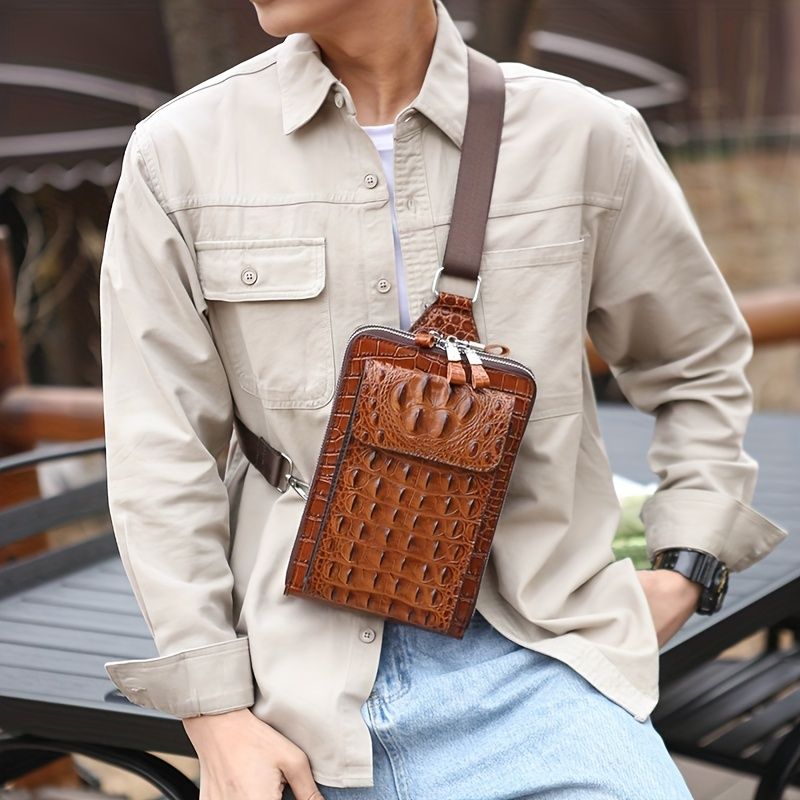 Brown Black Leather Crossbody Bag Chest Bag Croco Embossed Leather Travel Bag