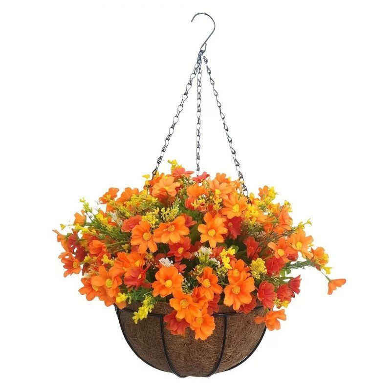 Hanging Artificial Flower Basket Yellow And Orange Blooms Home Decor Garden view 3
