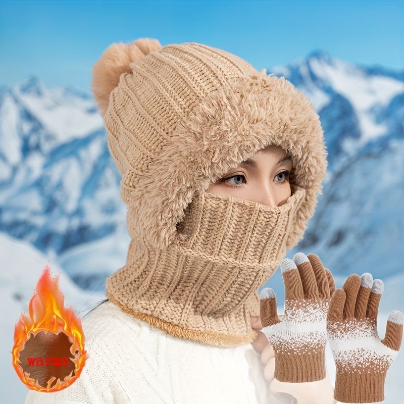 Women'S Winter Accessories Knit Hat Scarf Touch-Screen Gloves Winter Set view 2