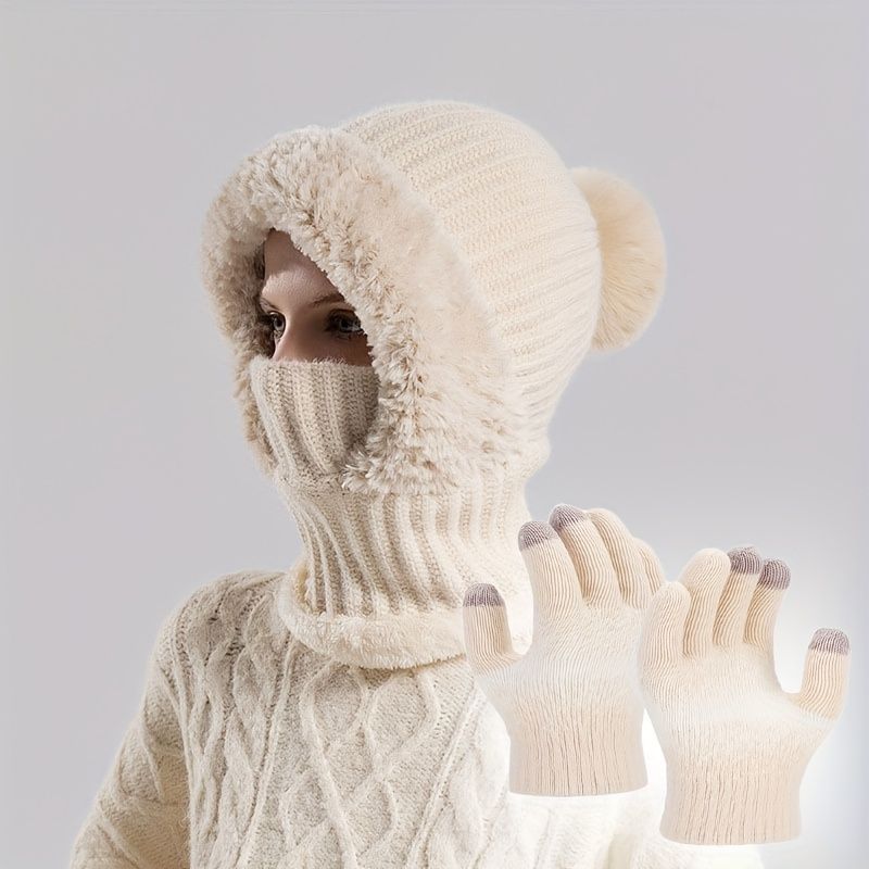 Women'S Winter Accessories Knit Hat Scarf Touch-Screen Gloves Winter Set
