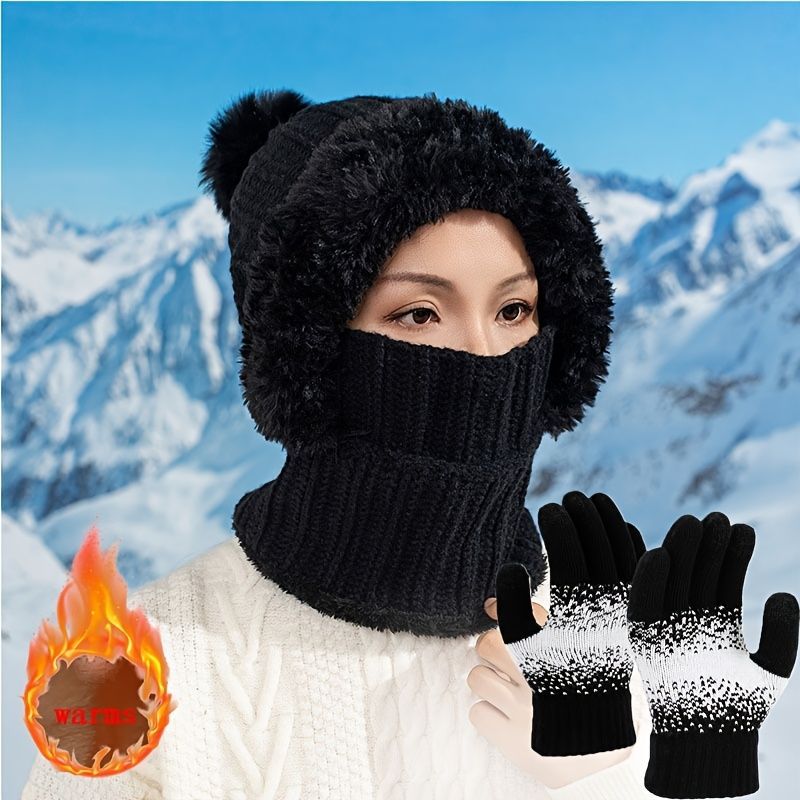Women'S Winter Accessories Knit Hat Scarf Touch-Screen Gloves Winter Set view 5