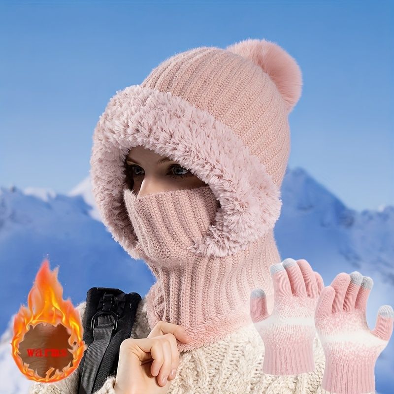 Women'S Winter Accessories Knit Hat Scarf Touch-Screen Gloves Winter Set view 3