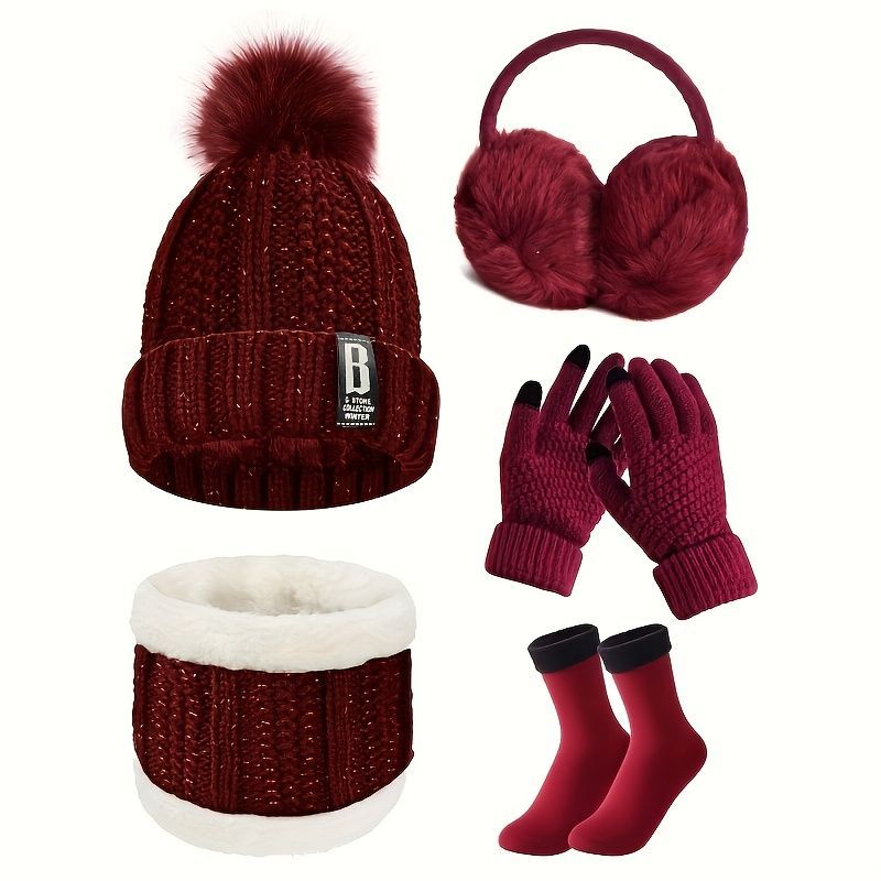 Women'S Winter Accessories 5-Piece Set Winter Beanie Earmuffs Touch-Screen