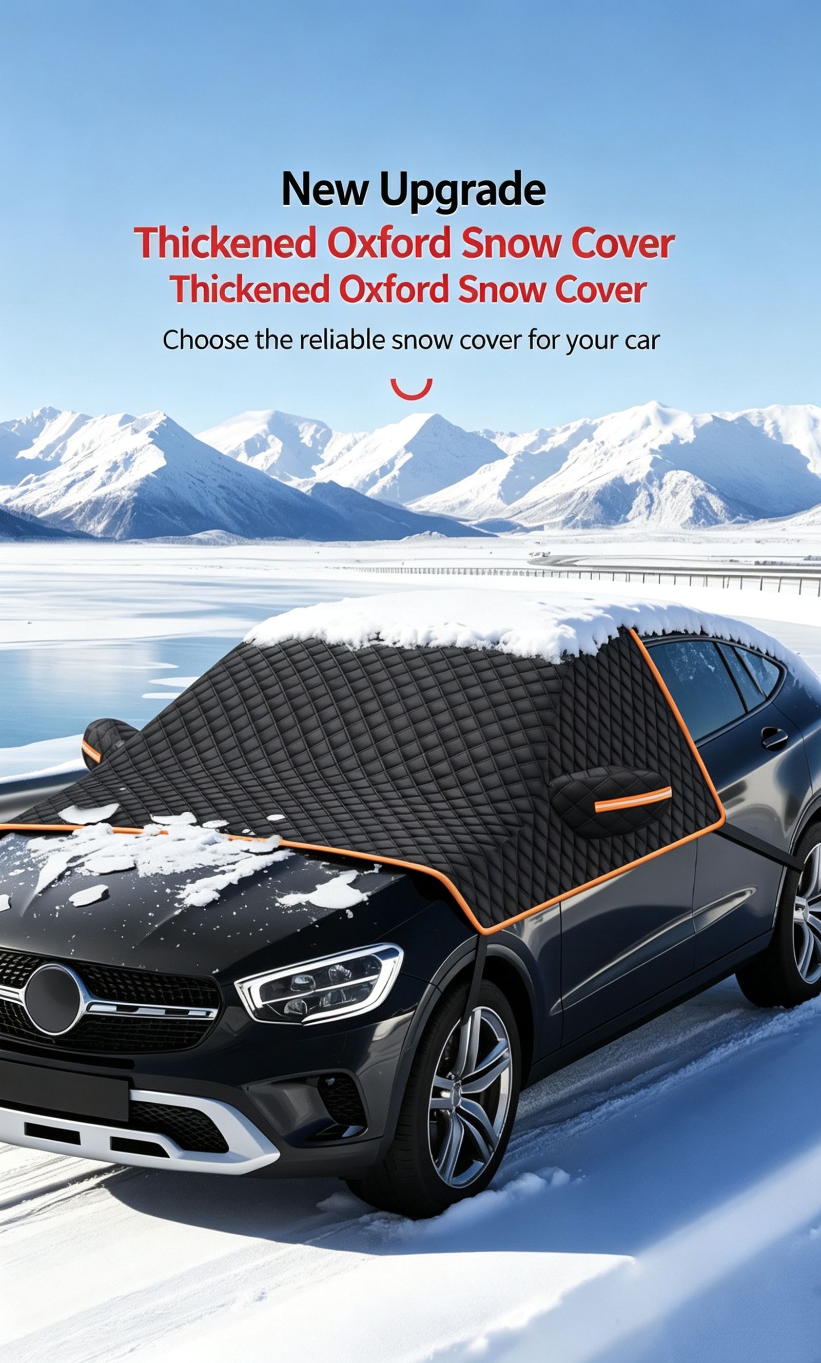 Winter car anti freezing and snow blocking front windshield snow cover view 2