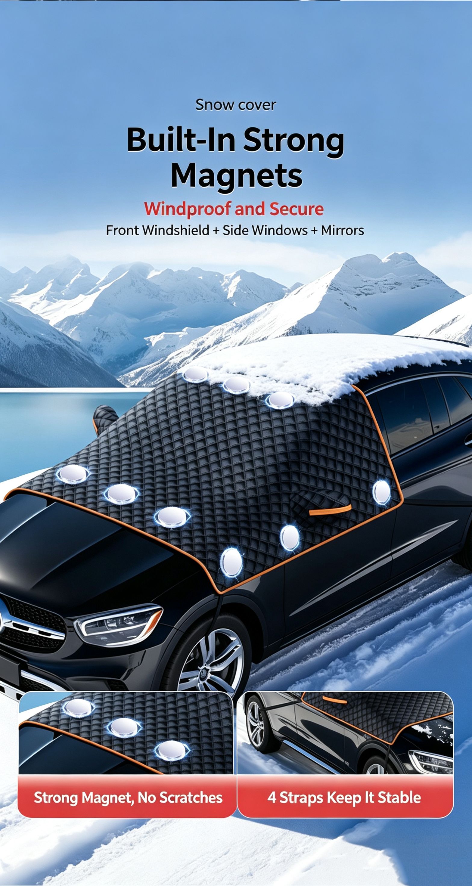 Winter car anti freezing and snow blocking front windshield snow cover view 9