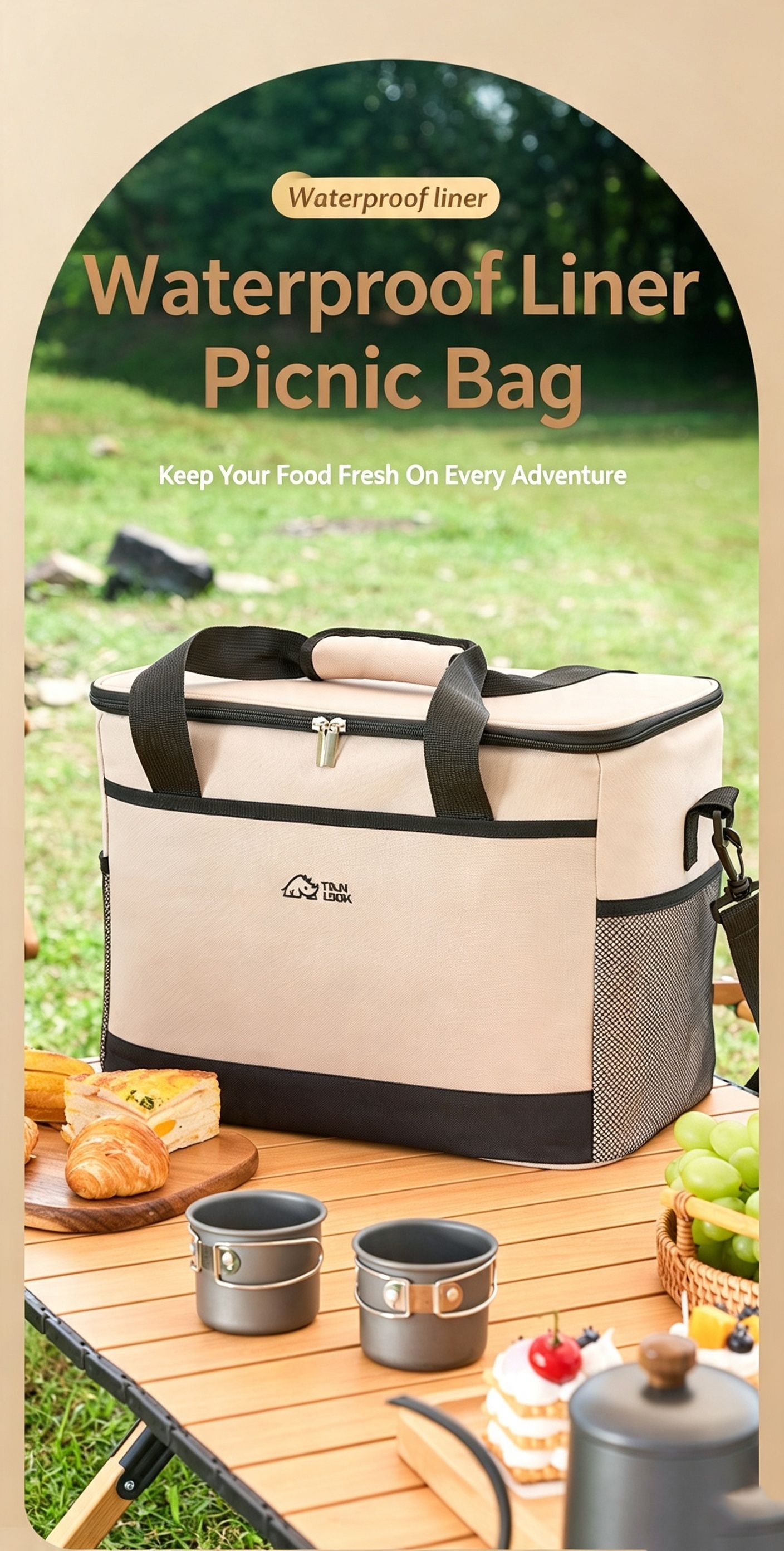 Beige three-layer insulated large capacity insulated refrigerated bag 30L view 2