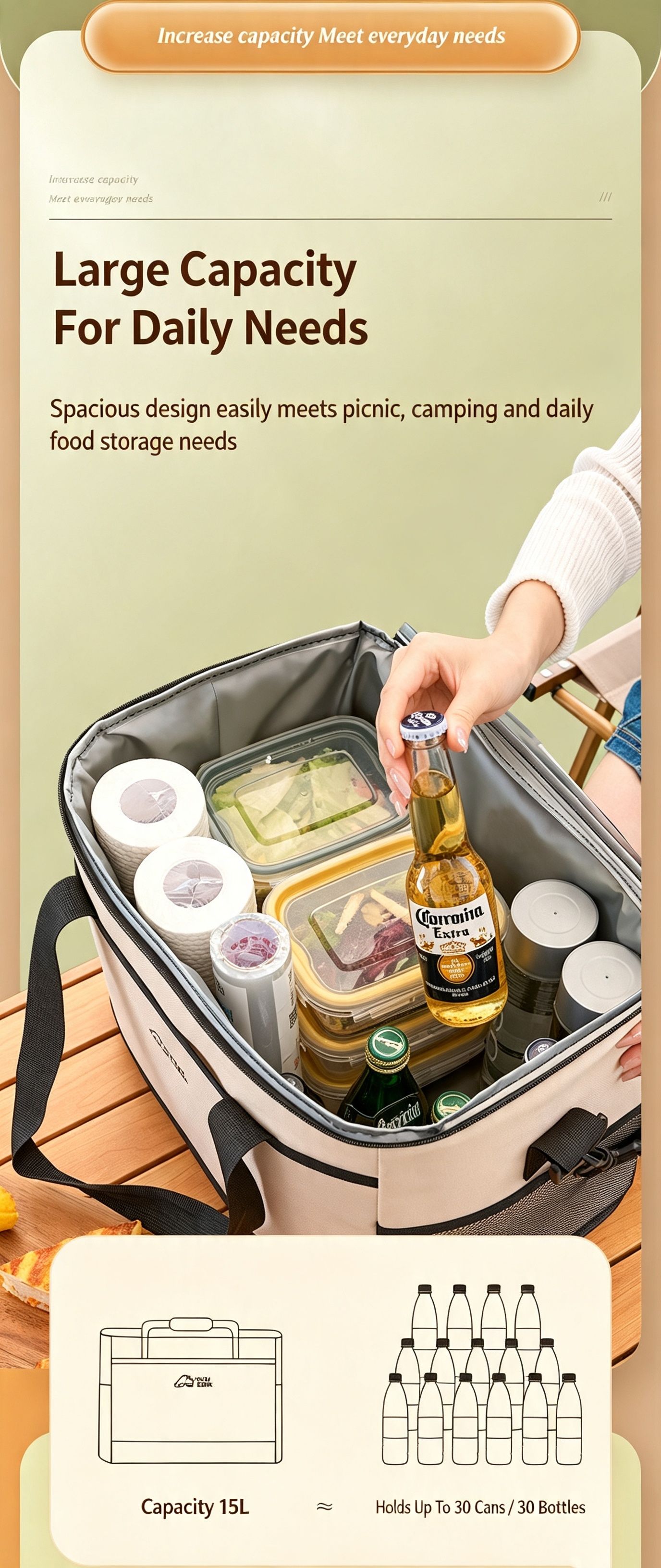 Beige three-layer insulated large capacity insulated refrigerated bag 30L view 5