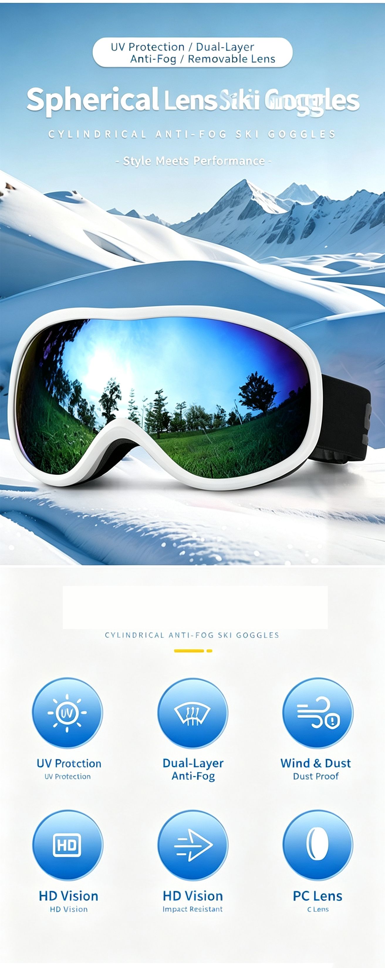 Winter Double-Layer Anti-Fog Spherical Ski Goggles,Sand black+4 gray flakes view 2