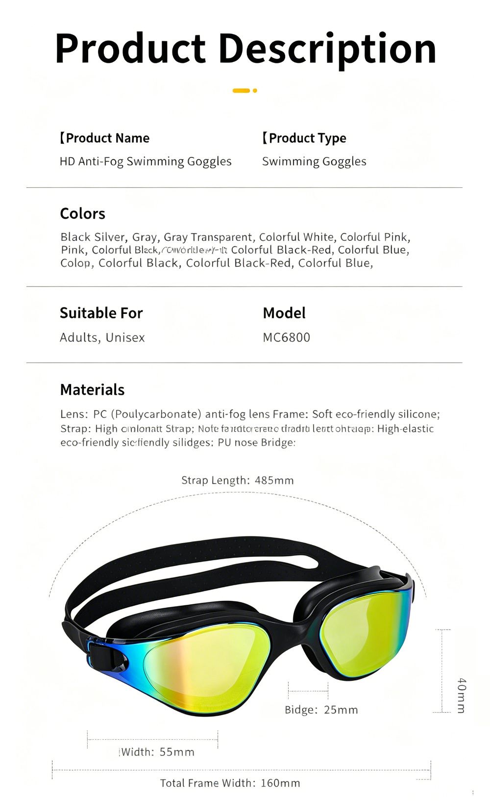 High definition silicone waterproof and anti fog adult swimming goggles view 5