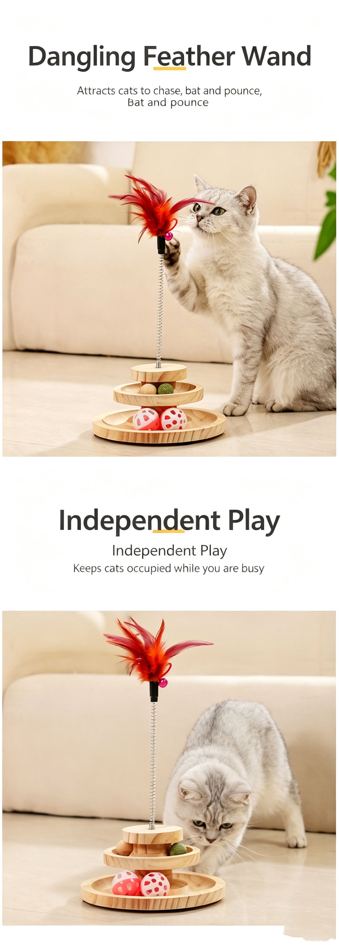 2-Layer Wooden Cat Toy Tumbling Feather Wand view 4