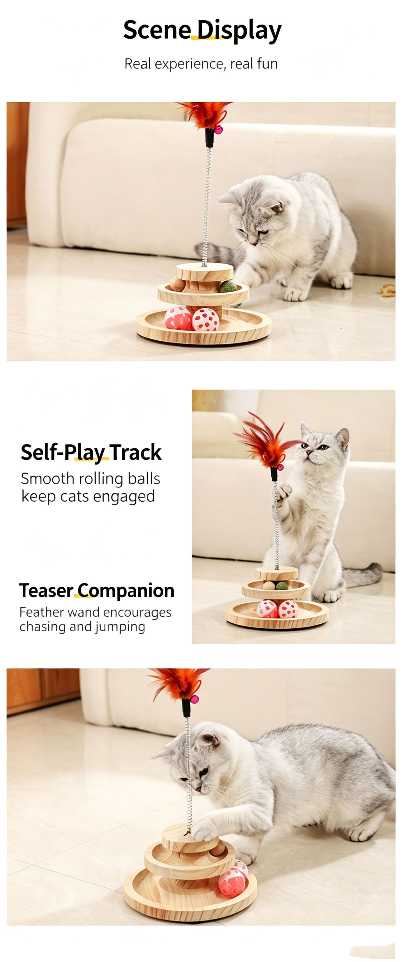 2-Layer Wooden Cat Toy Tumbling Feather Wand view 8