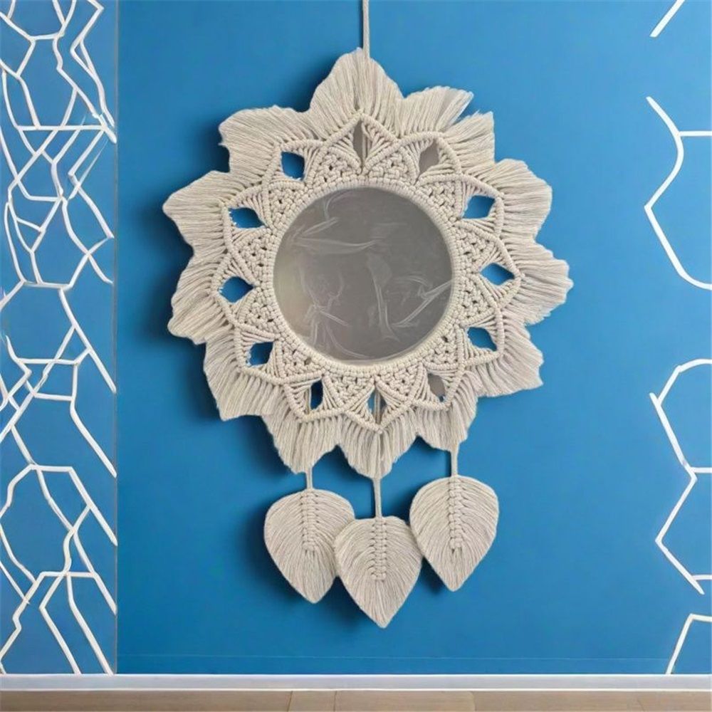 Hanging Wall Macrame Fringe Round Decorative Mirror with Beads Feather view 3