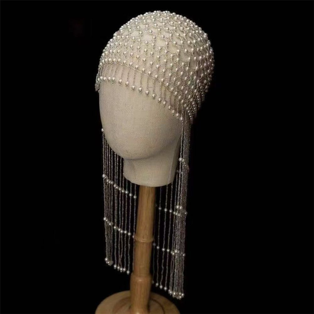 Pearl Flapper Cap Headpiece Head Chain view 2
