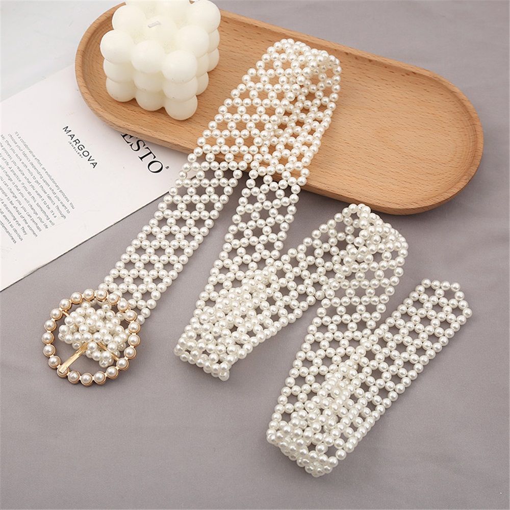 Women Bridal imitation pearl Belt White imitation Beaded Crystal Rhinestone view 2