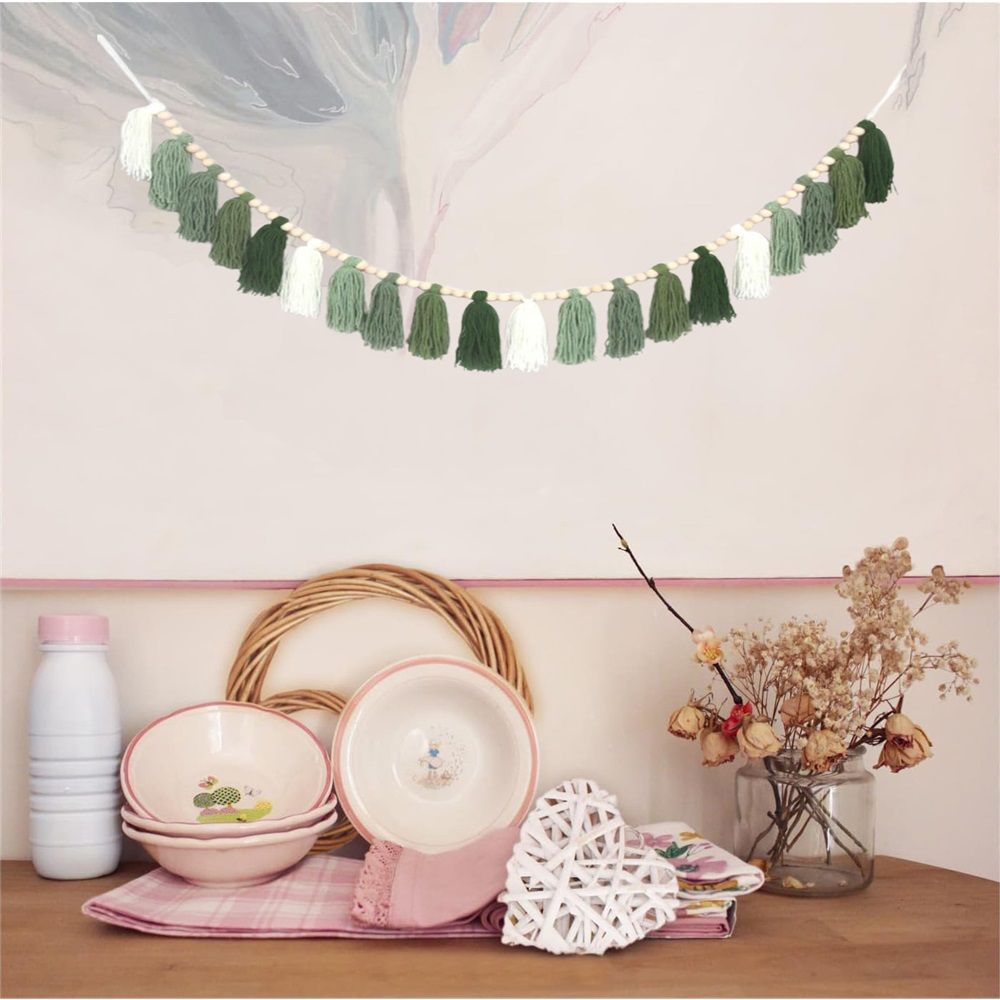 Green Tassel Wall Hanging Decor Forest Woodland Tassel Banner with Beads for view 2