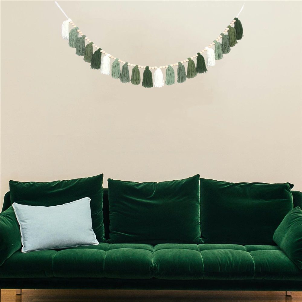 Green Tassel Wall Hanging Decor Forest Woodland Tassel Banner with Beads for view 3