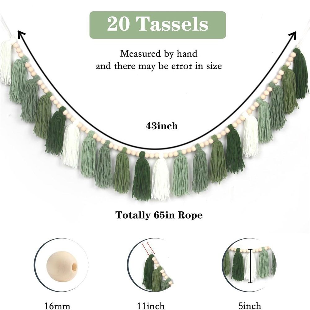 Green Tassel Wall Hanging Decor Forest Woodland Tassel Banner with Beads for view 4