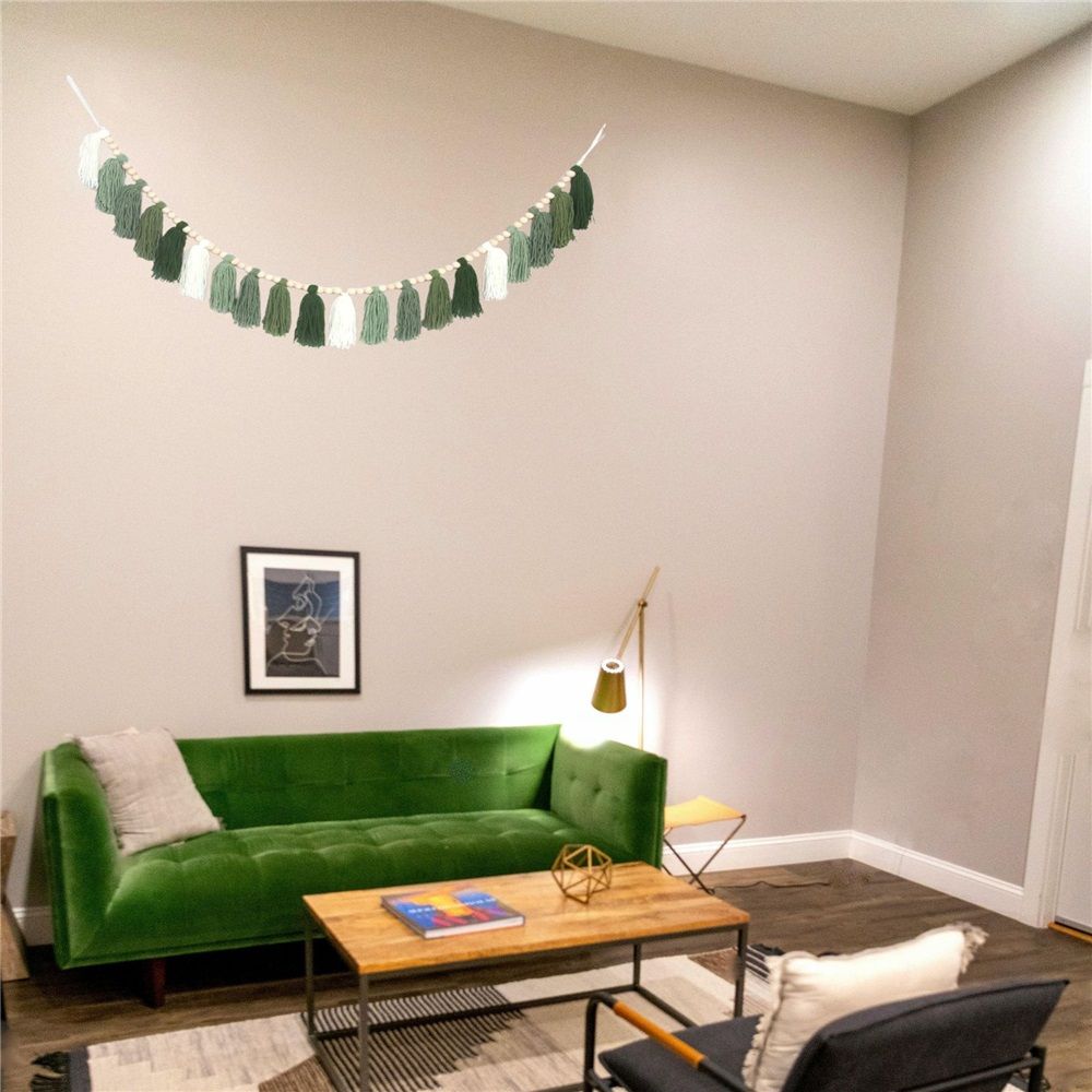 Green Tassel Wall Hanging Decor Forest Woodland Tassel Banner with Beads for view 5