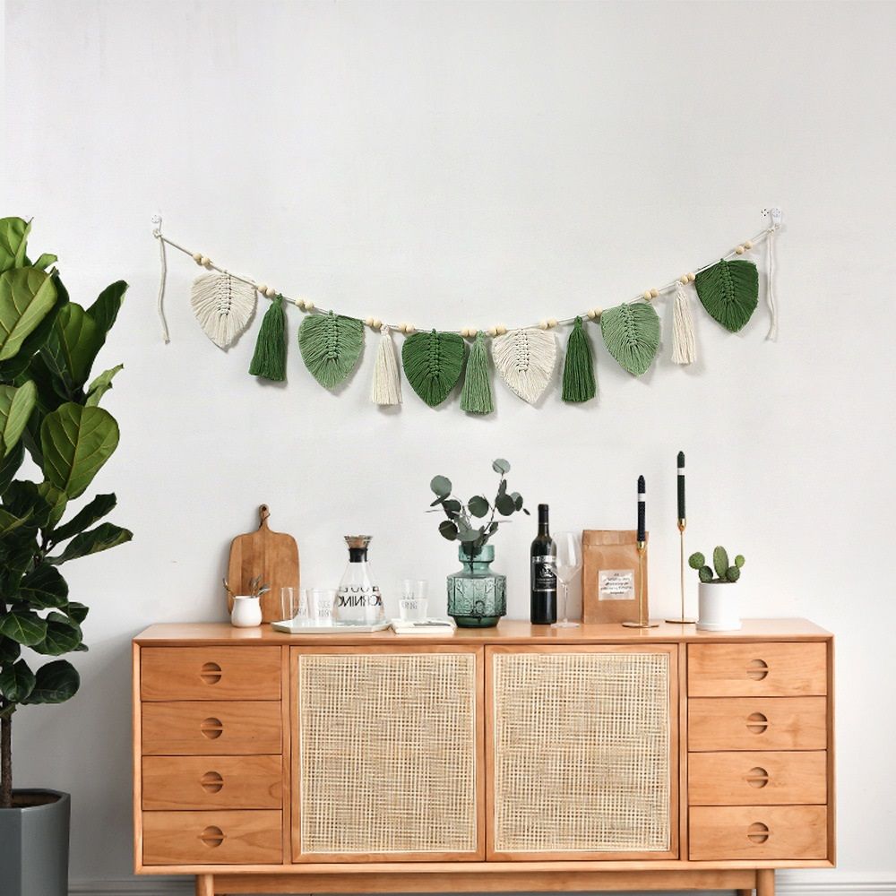Wall Hanging Boho Handmade Woven Tapestry with Wood Beads Beige Green Chic view 2