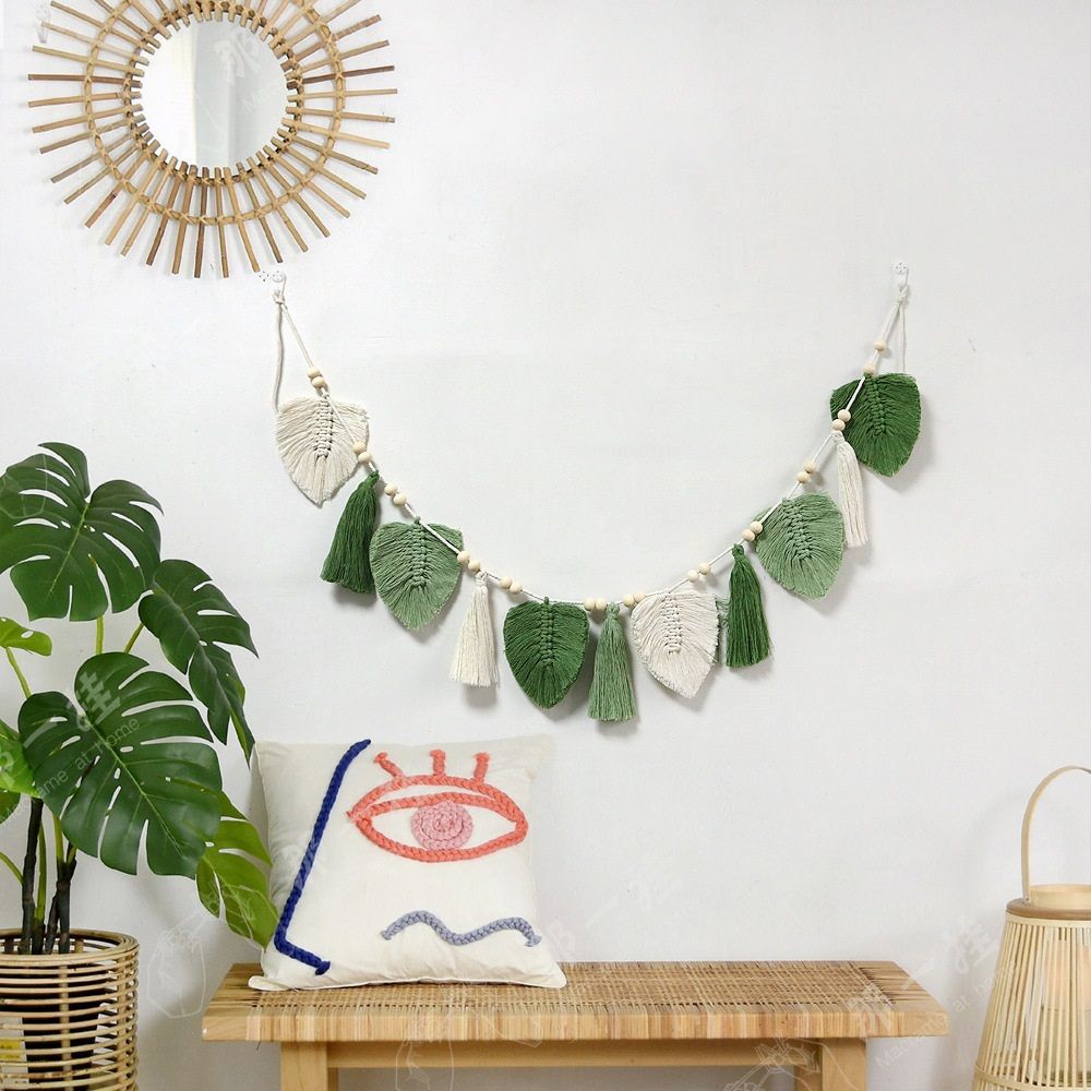 Wall Hanging Boho Handmade Woven Tapestry with Wood Beads Beige Green Chic view 3