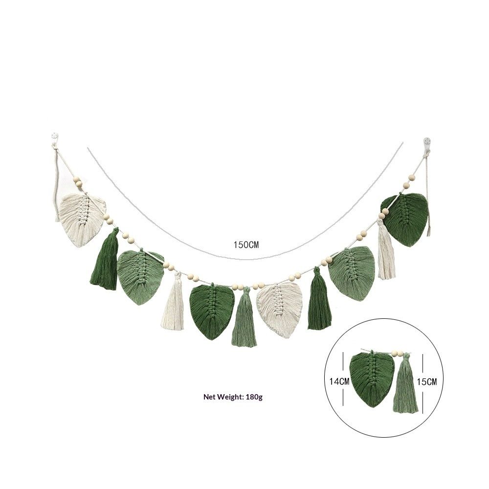 Wall Hanging Boho Handmade Woven Tapestry with Wood Beads Beige Green Chic view 4