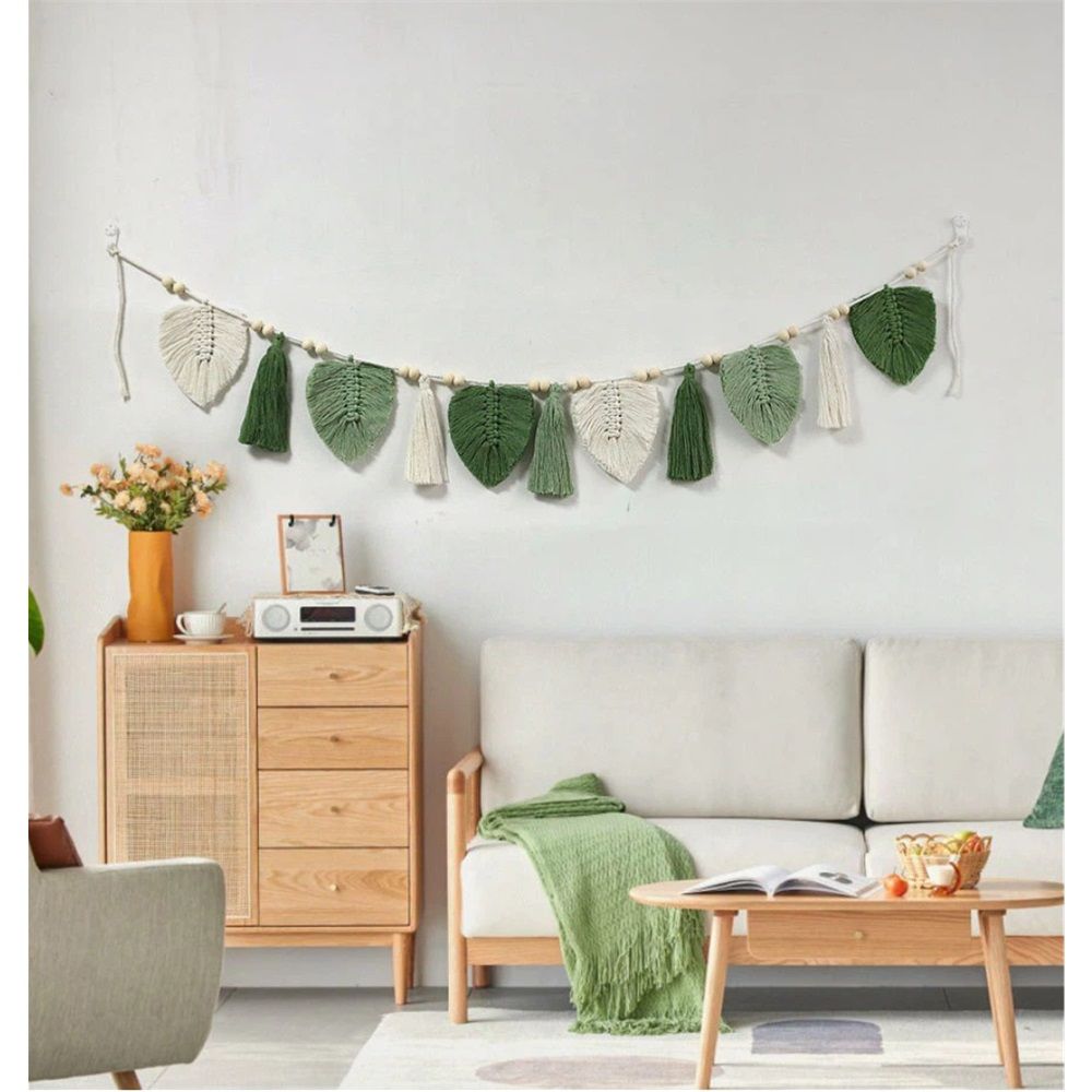 Wall Hanging Boho Handmade Woven Tapestry with Wood Beads Beige Green Chic view 5