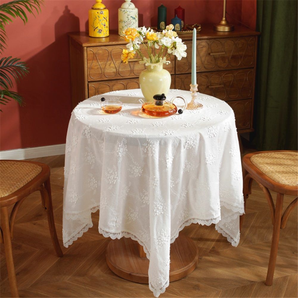 dimensional white embroidered tablecloth with small fresh flowers view 2