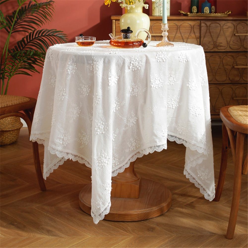 dimensional white embroidered tablecloth with small fresh flowers view 3