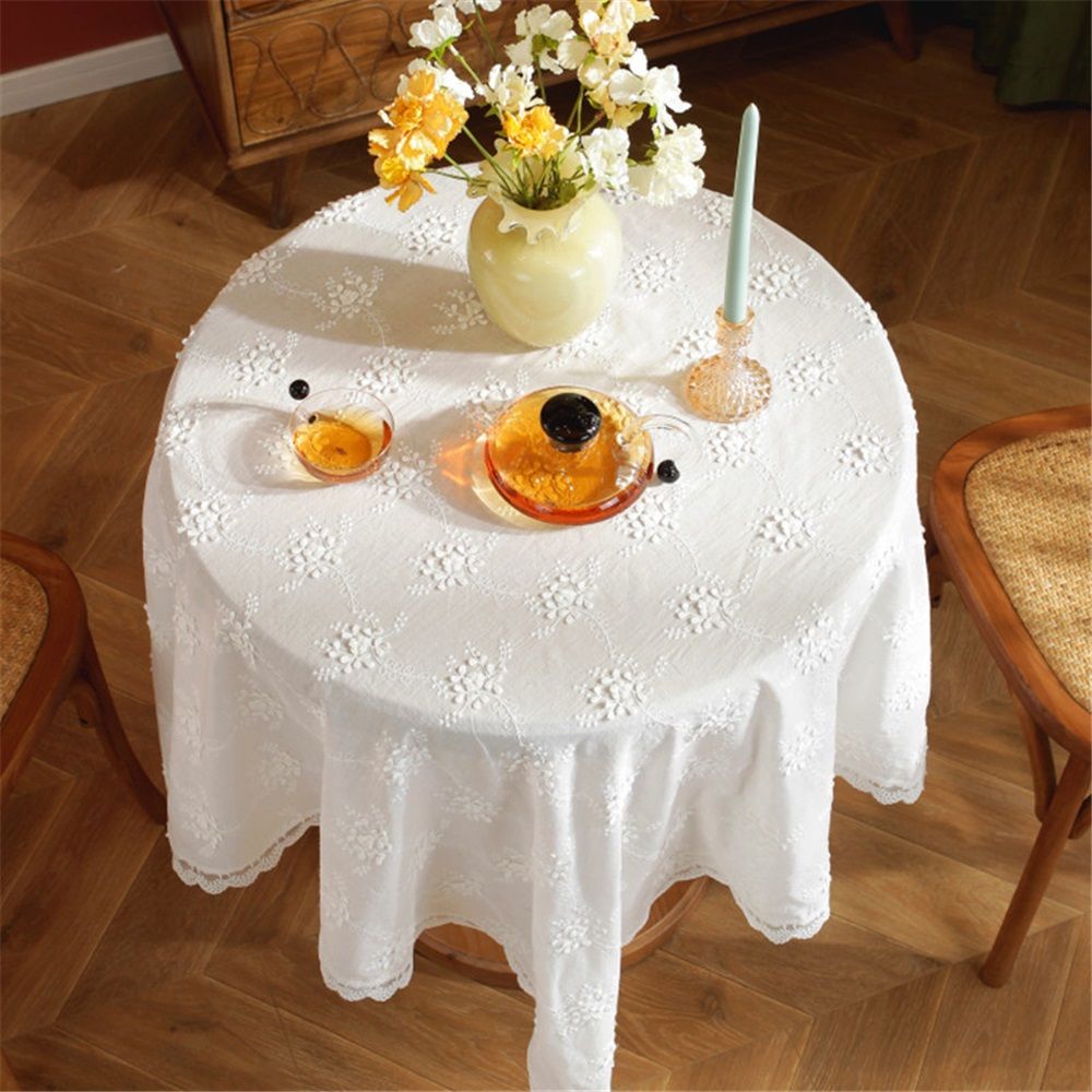 dimensional white embroidered tablecloth with small fresh flowers view 4