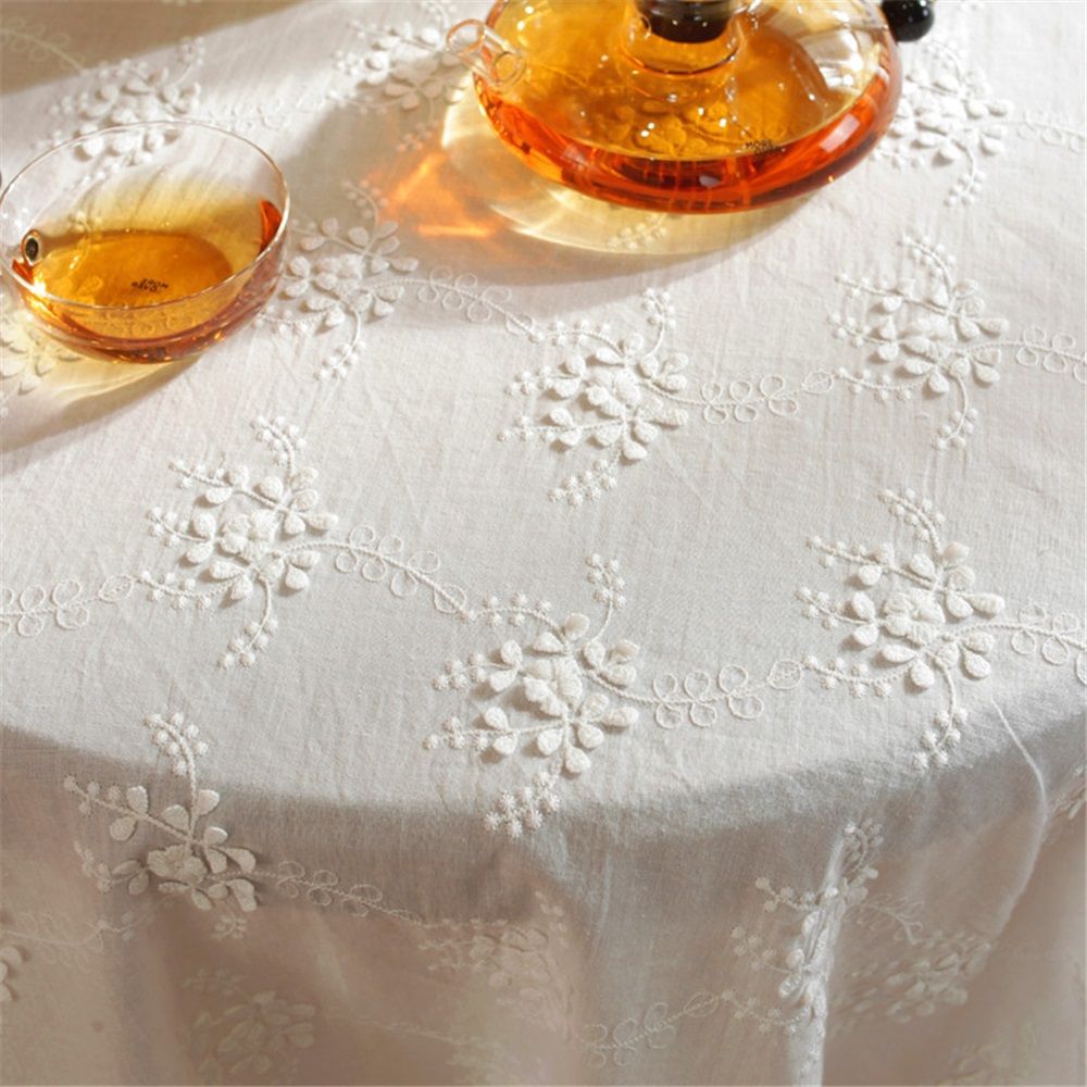dimensional white embroidered tablecloth with small fresh flowers view 5