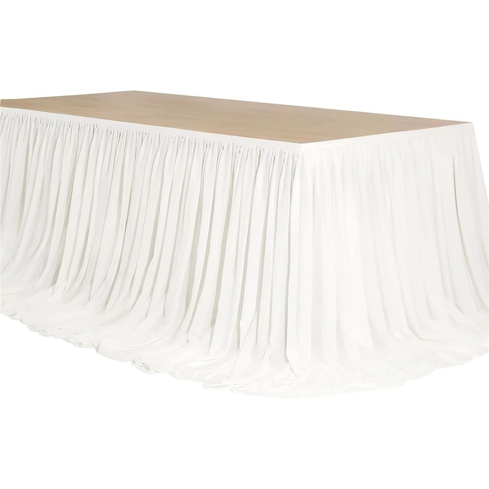 4TF Extra Long White Chiffon Table Skirt with Pooling Tulle Tablecloth for Wedding