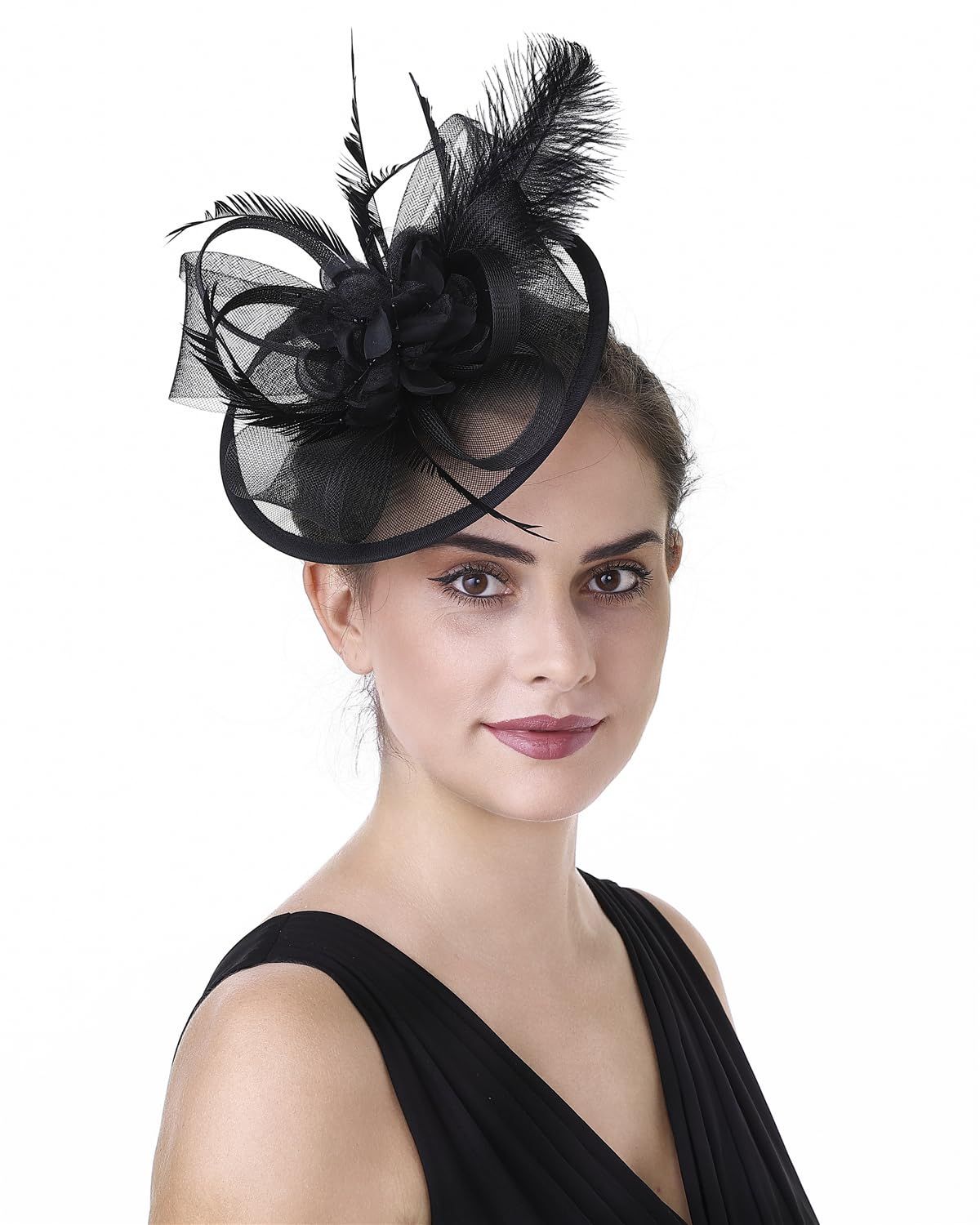 Women's Transparent Hard Yarn Charming Bridal Tea Party Hat Mesh Feather view 3