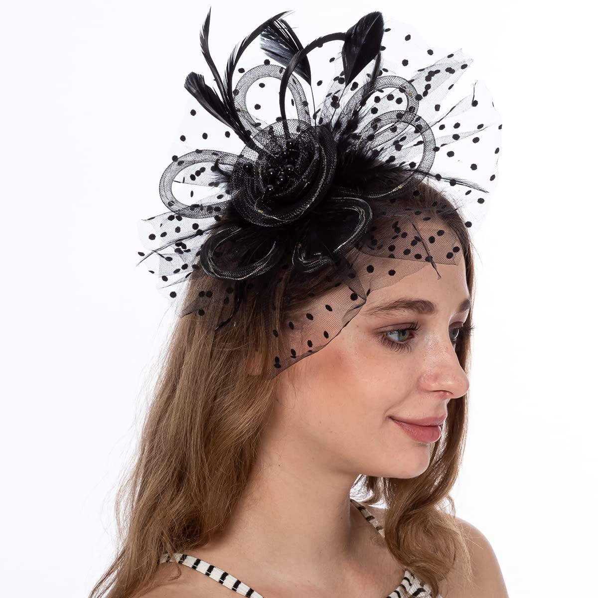 Flower Headband Feather Mesh Wedding Hair Clip for Women Tea Party Flower Mesh view 3