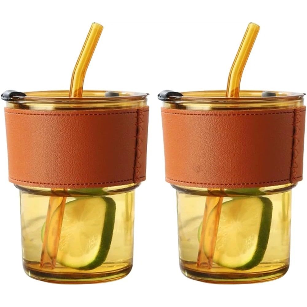 2 packs 14oz Glass Coffee Tumbler with Straw and Lid