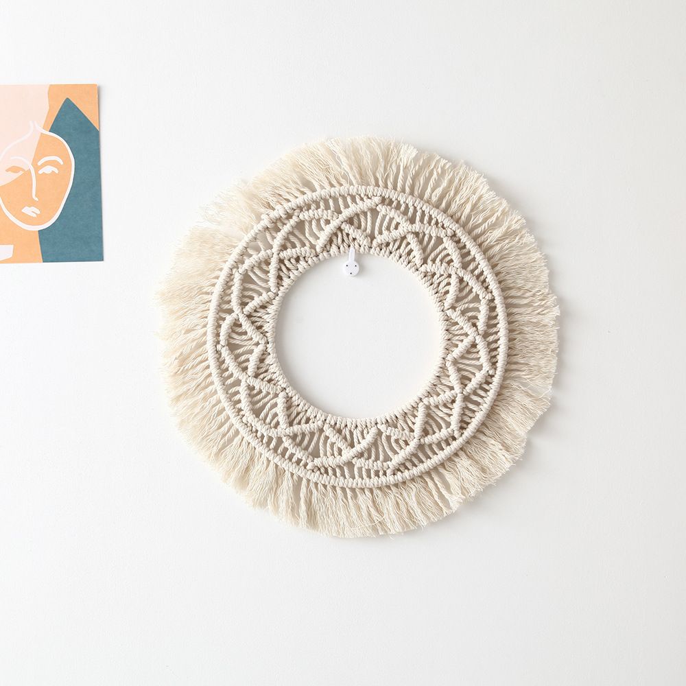 Woven Tapestry,13.3" Wall Hanging Tassel Fringe Round Boho Wall Art Decor view 2