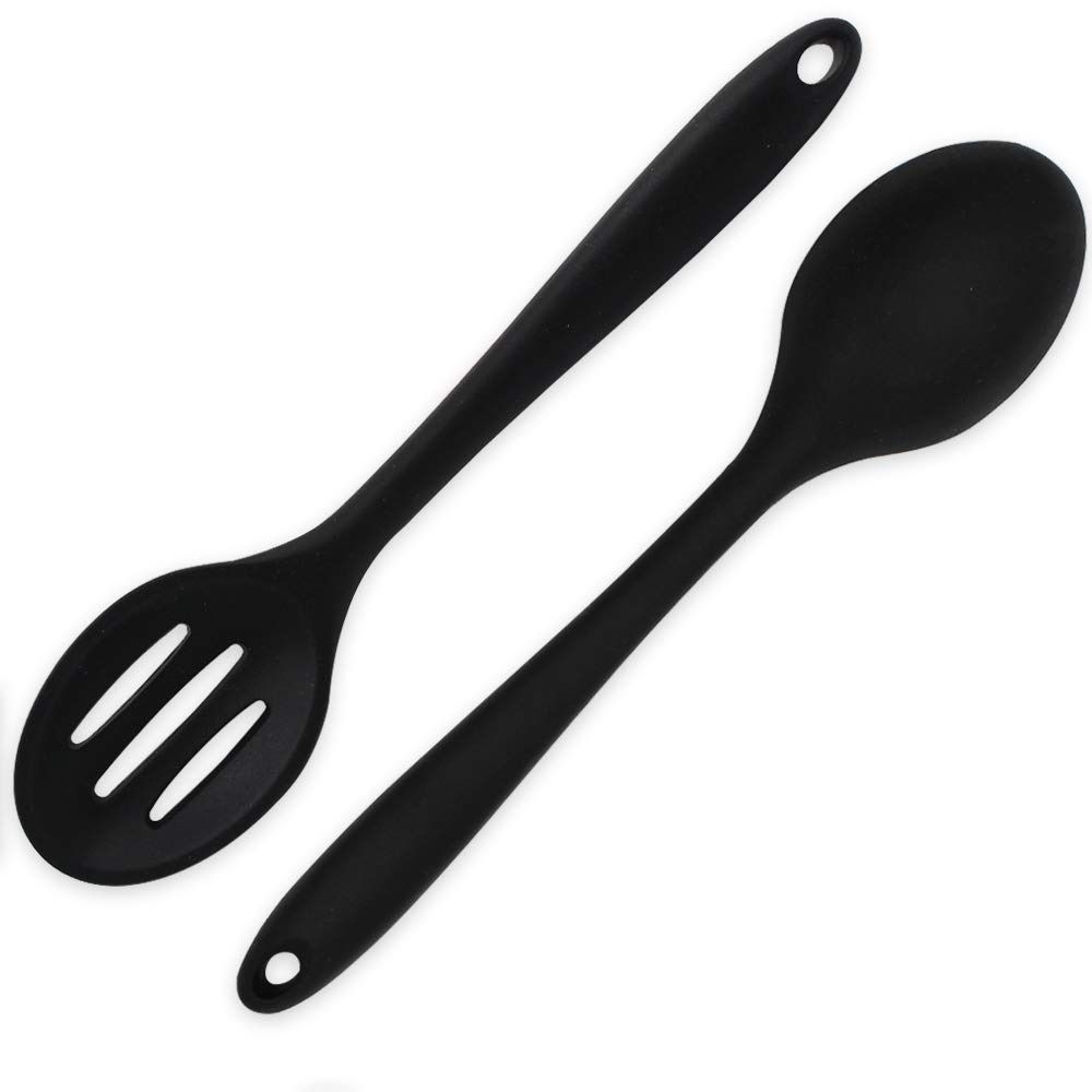 Heat Resistant Silicone Spoons: 10.8in Solid & Slotted Kitchen Cooking Spoon
