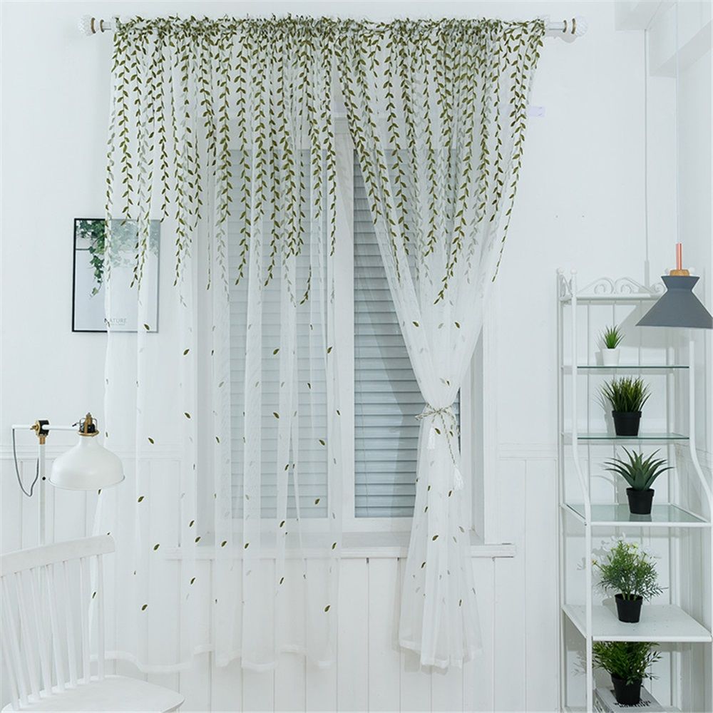2 pack Embroidered Leaf Sheer Bedroom Curtains 98 inches Long view 2