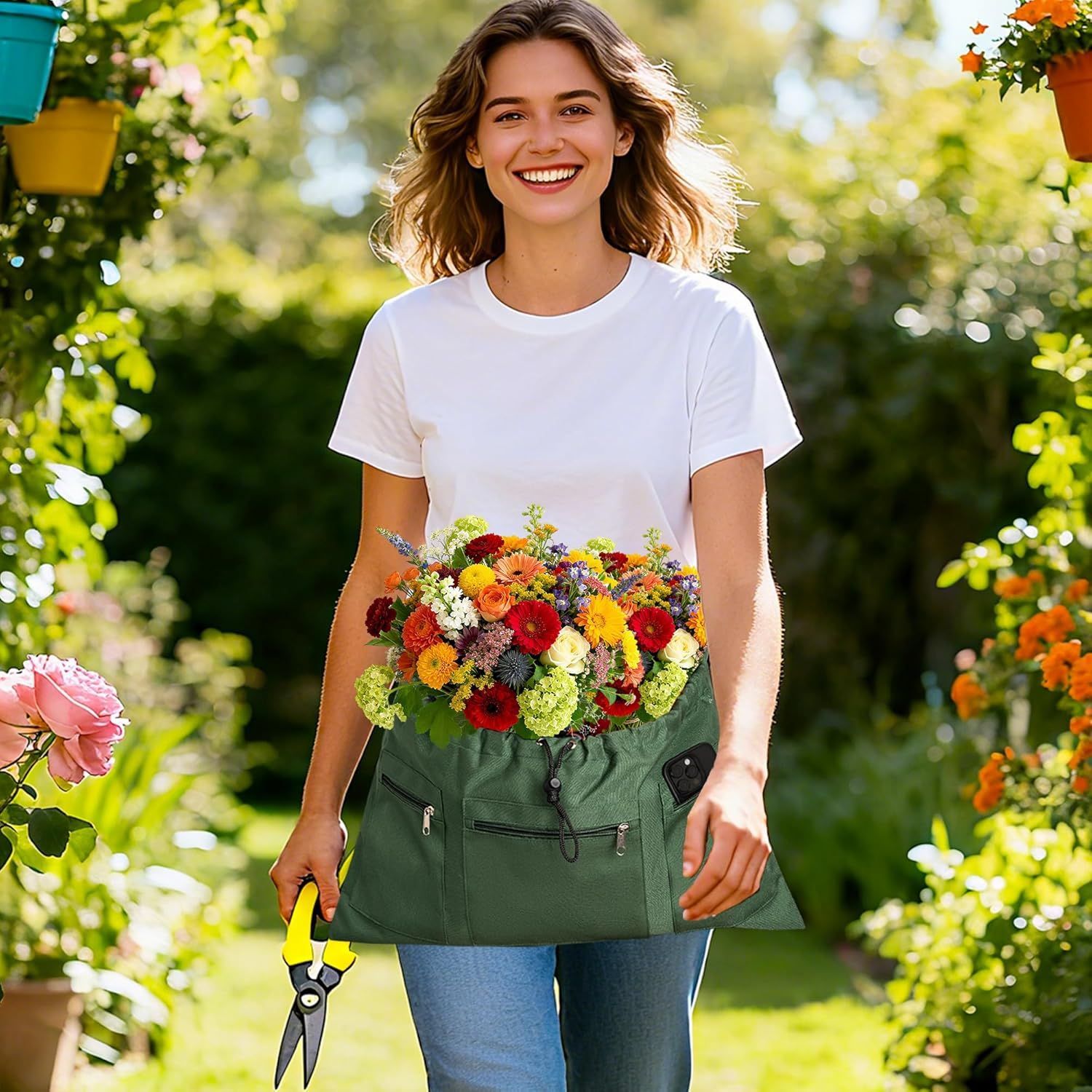 Gardening Apron, Garden Aprons with Pockets & Drawstring Bag, Waterproof Fruit view 2