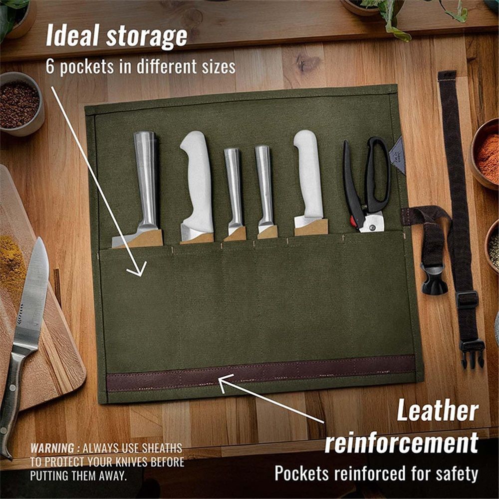 Chef’s Knife Roll Case, Waxed Canvas Cutlery Knives Holders Protectors, Home view 2